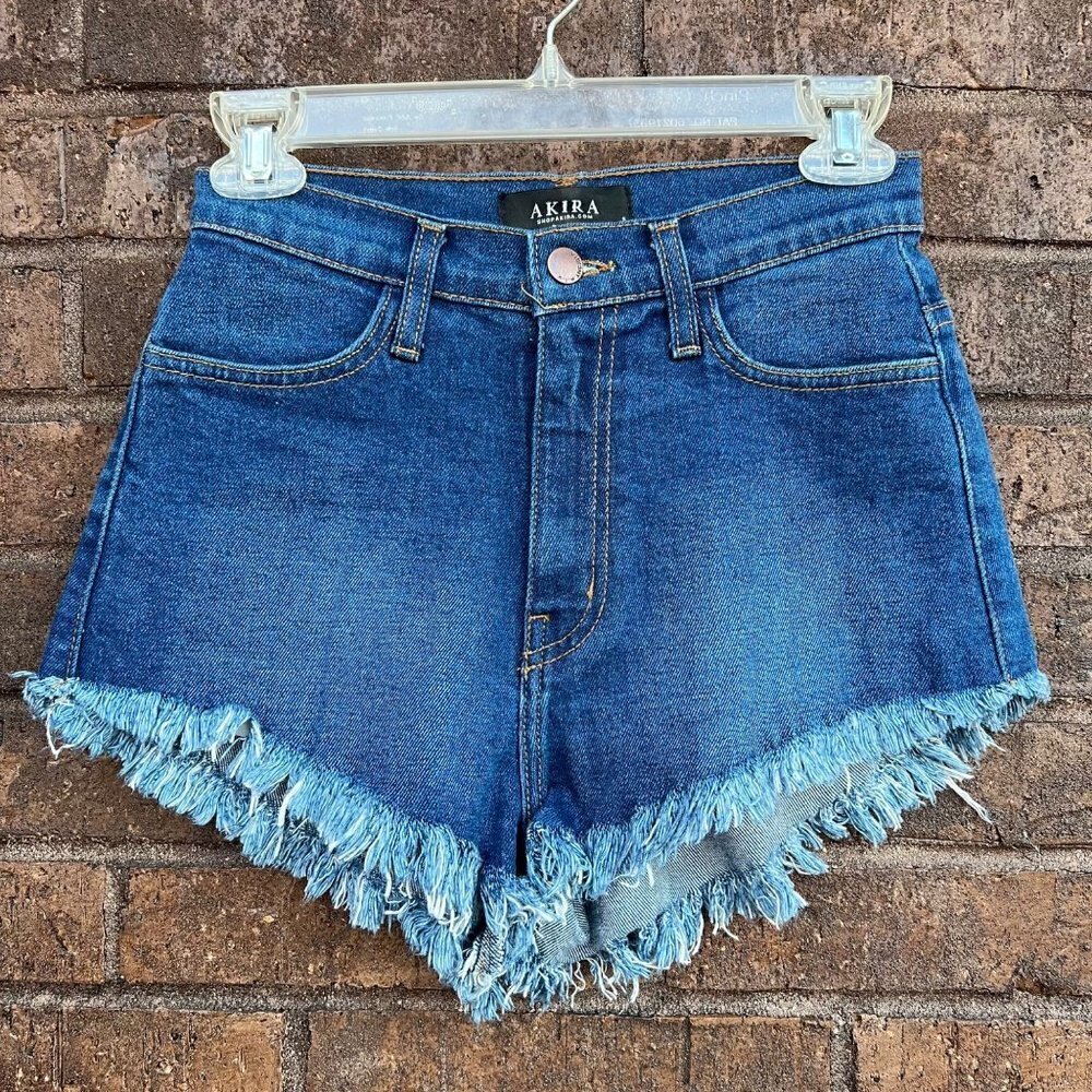Akira Dark Wash High Waisted Distressed Jean Shorts Size (S)
